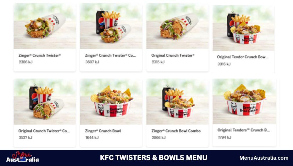 KFC Twisters and Bowls Menu Australia