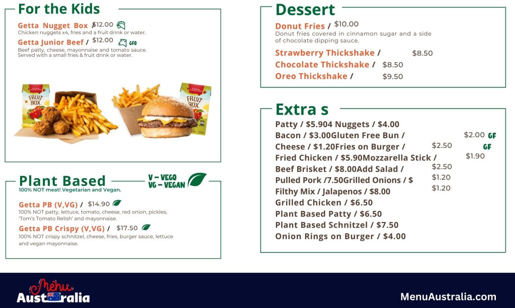 Getta Burger Kids, Dessert, EXtras Menu Australia