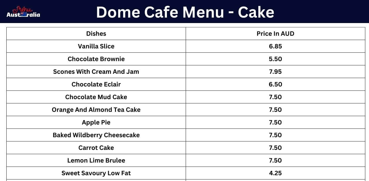 Cake menu with prices in a table 
