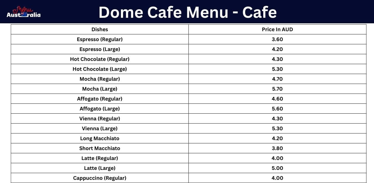 Dome cafe menu with prices in a 2x1 table form