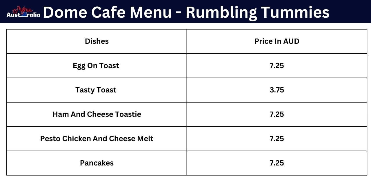 A table showcasing Dome cafe rumbling tummies menu with prices on the other side